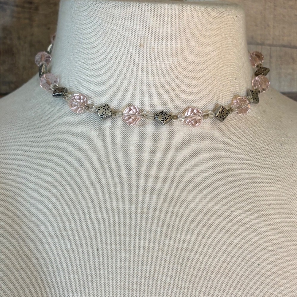 Pink Glass Beaded Choker Necklace Silver Filigree Spacers Adjustable